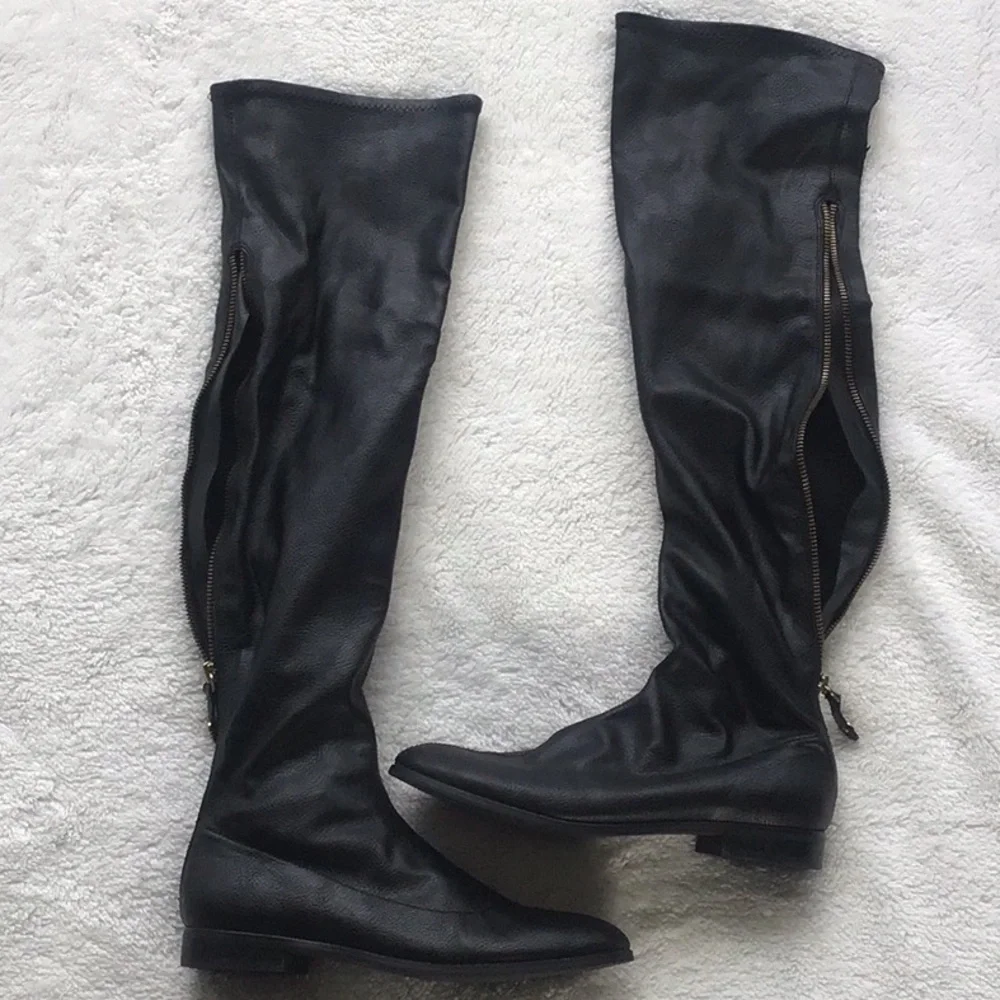 Black Over-the-Knee faux leather flat stretchy Women's Boots